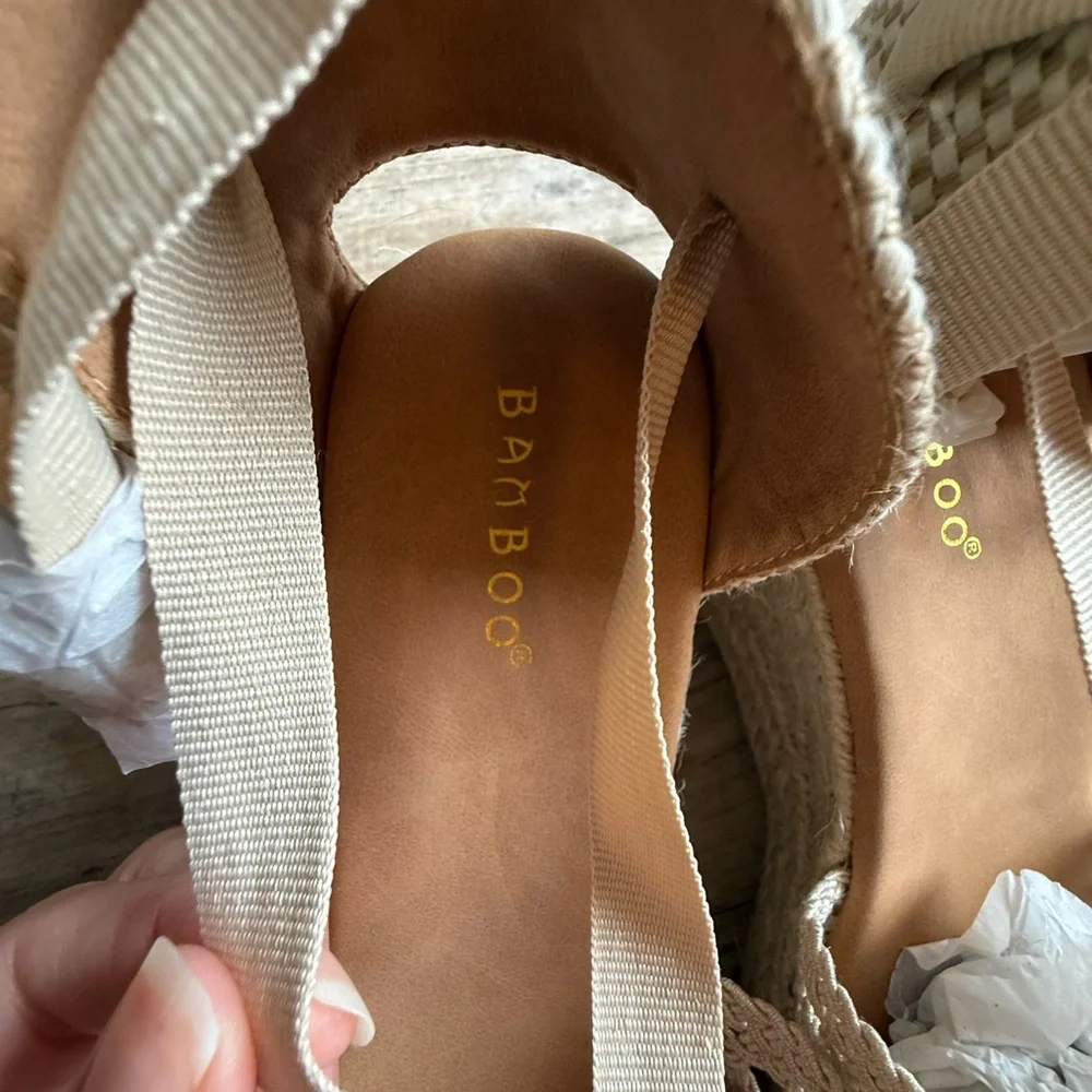 NWOT Bamboo Going On Your Way Beige Espadrille Wedges Size 8
